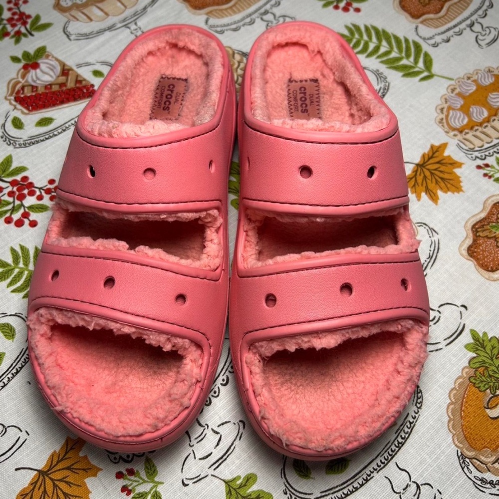 Pink Fuzzy Lined CROCS Slides
